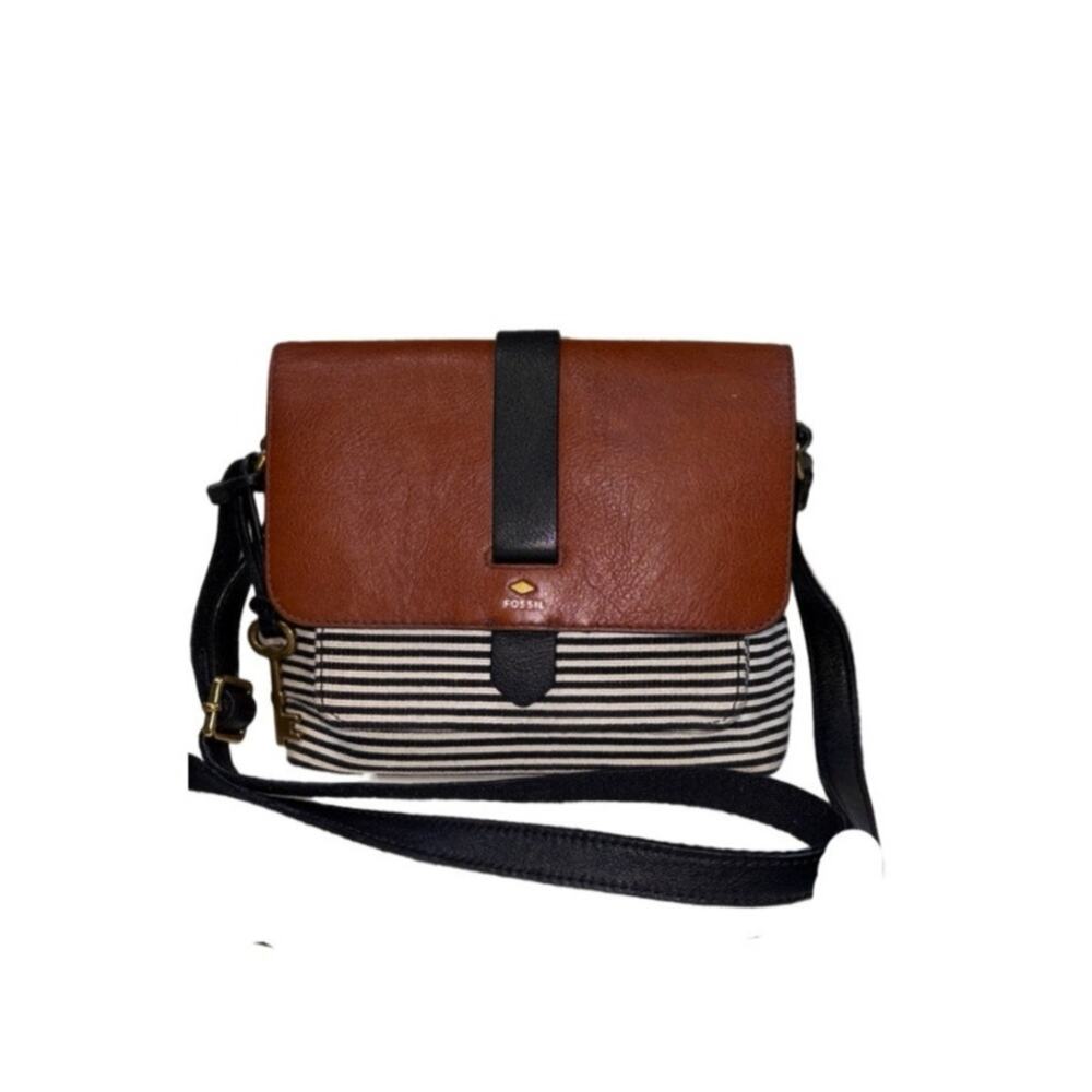 Fossil Kinley Small Black/White Striped Fabric Brown Leather Flap Crossbody Bag